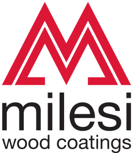 The logo for milesi wood coatings is red and black