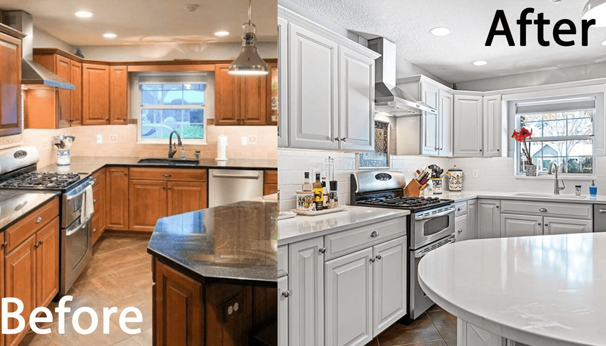 A before and after photo of a kitchen with wooden cabinets and white cabinets.