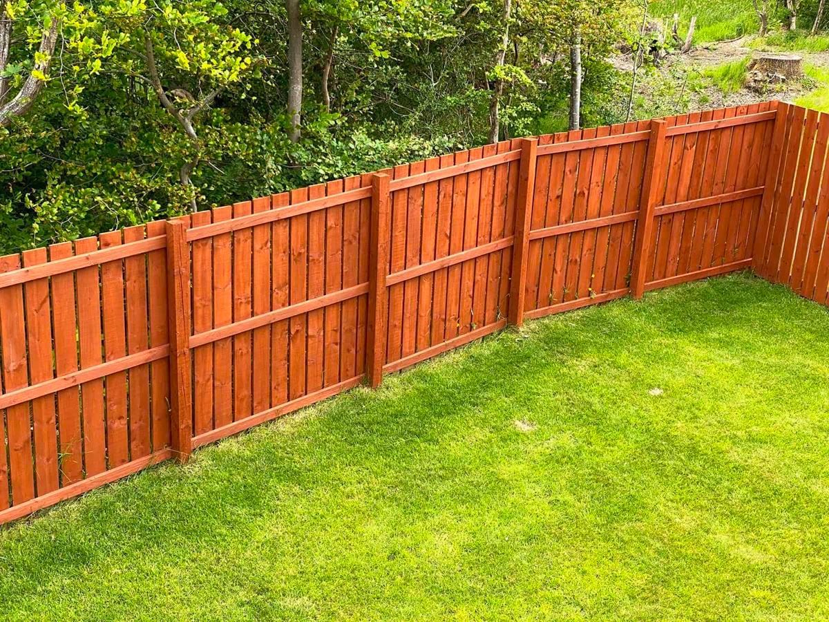 A wooden fence surrounds a lush green lawn in a backyard.