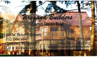 Business card for Wiegand Builders, Caspian, MI; provides contact info.