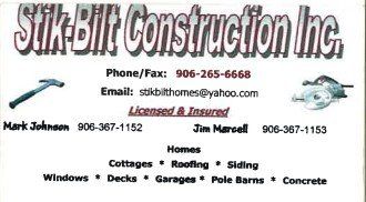 Business card for Stik-Bilt Construction Inc., offering home construction services with contact info and services listed.
