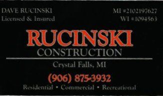 Business card for Dave Rucinski Construction. Black background, red and gray text. Includes phone number and license numbers.
