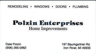 Business card for Polzin Enterprises, home improvements company, with contact information.