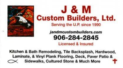 Business card for J & M Custom Builders, Ltd. with services listed.