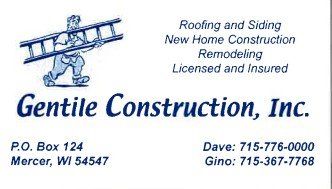 Business card for Gentile Construction, Inc. Man carrying ladder. Lists roofing, construction, remodeling, PO Box, and phone numbers.