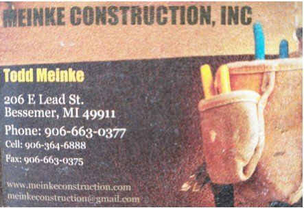 Business card for Meinke Construction, Inc. featuring name, address, phone, email, and a tool belt graphic.