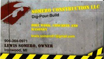 Business card for Somero Construction LLC, offering dirt work, concrete, masonry. Includes contact info, owner's name, and location.