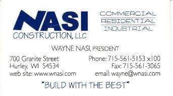 Business card for NASI Construction LLC, blue logo, Wayne Nasi, contact info, and services: commercial, residential, industrial.