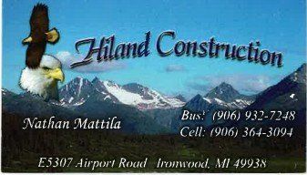 Business card for Hiland Construction with eagle, mountain backdrop, contact info.