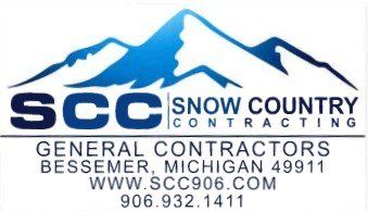 Logo for Snow Country Contracting: Blue mountain range graphic above SCC, Snow Country Contracting text. General Contractor details.