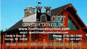Business card for RJ Hoeft Construction Co., Inc. showing a log home and contact information.