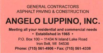 Business card for Angelo Luppino, Inc., general contractors. Pink background, black text.