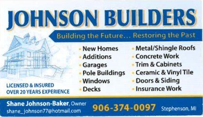 Business card for Johnson Builders, showcasing construction services. Includes logo, contact info, and services offered.