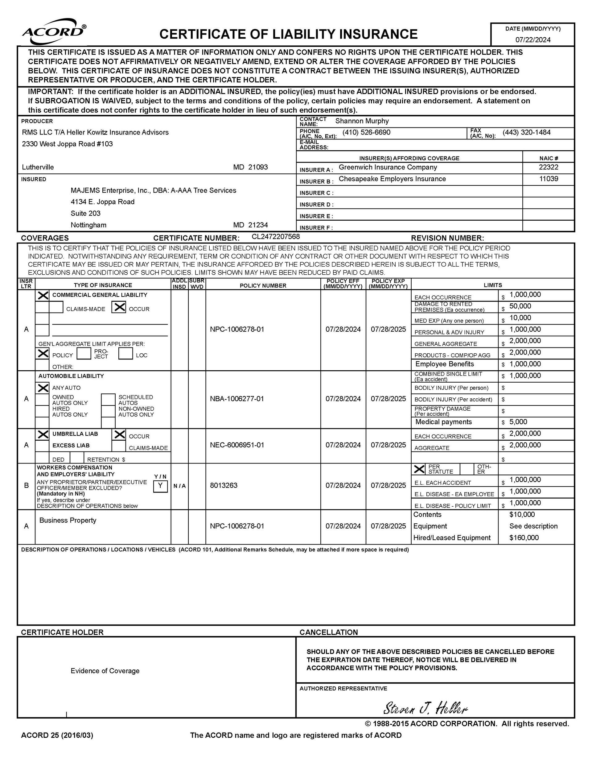 Certificate of Liability Insurance