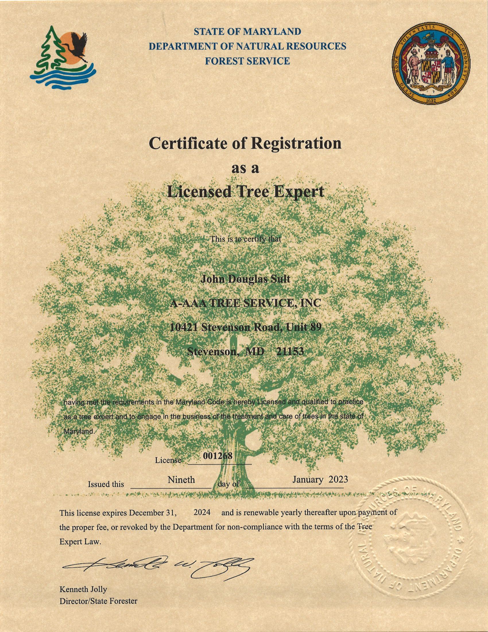 John Douglas Sult - Certificate of Registration