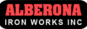 Logo for Alberona Iron Works Inc. in red and white text on a black background.