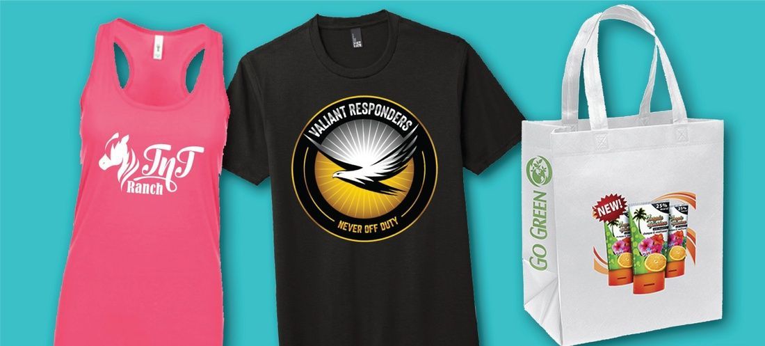 A pink tank top , a black t-shirt , and a white tote bag on a blue background.