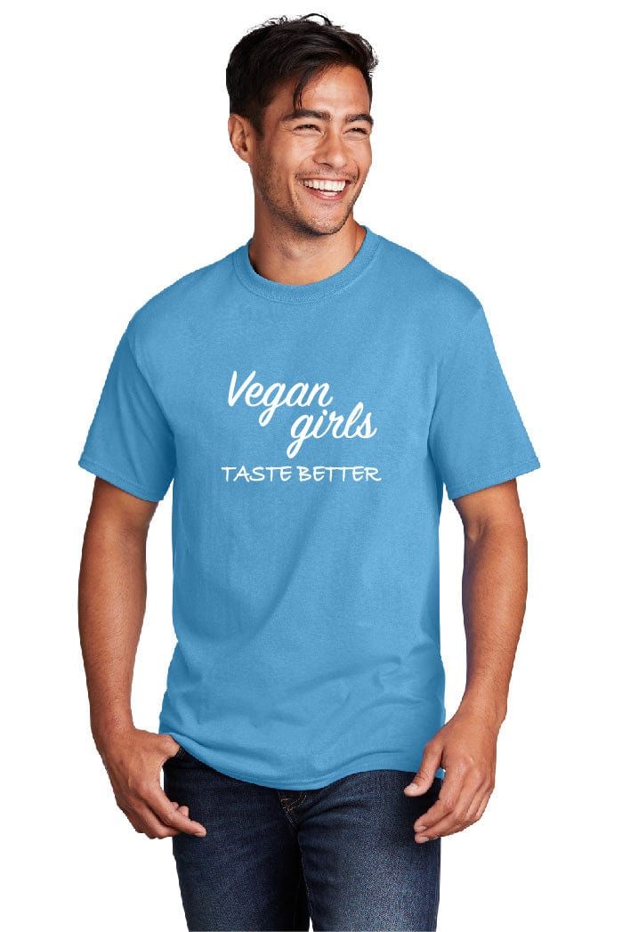 A men wearing a light blue t-shirt that says vegan girls taste better