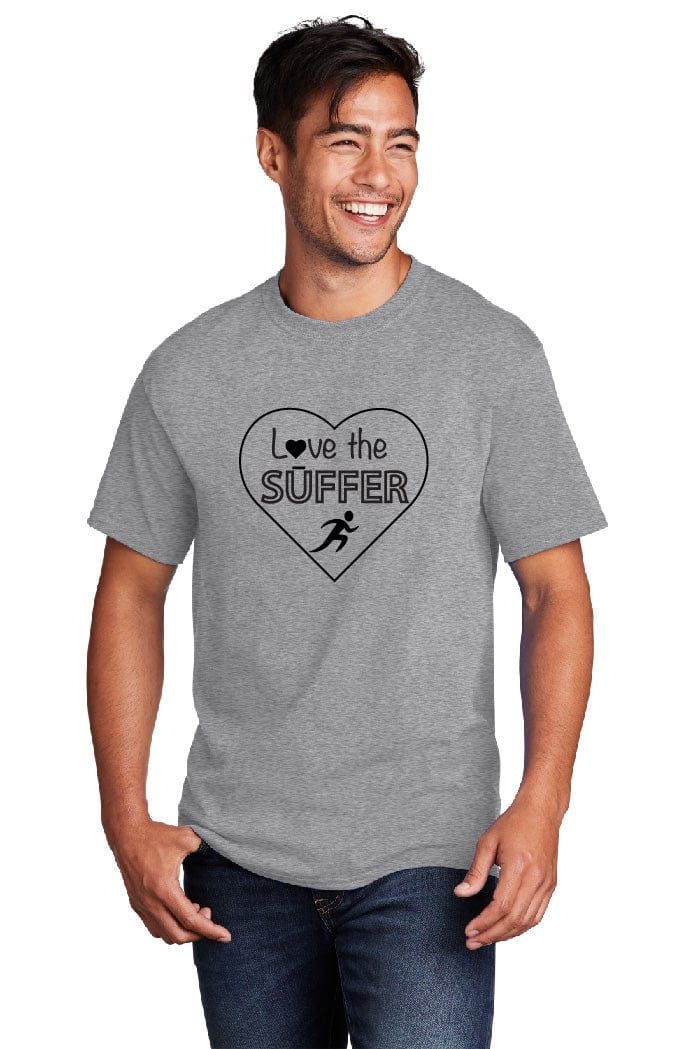 A man wearing a grey t-shirt that says love the suffer