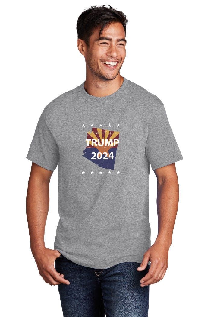 A man wearing a grey t-shirt that says trump 2024