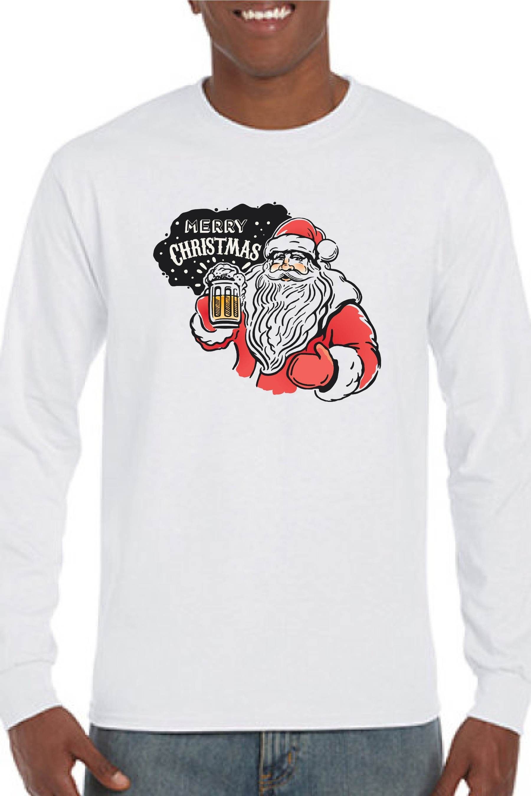 A man is wearing a long sleeve t-shirt with a picture of santa claus holding a beer.