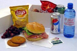 Lunchbox with sandwich, chips, soda, water, cookies, grapes