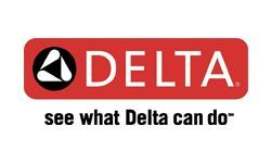 Delta logo in red rectangle with white text and a black and white triangle symbol. 