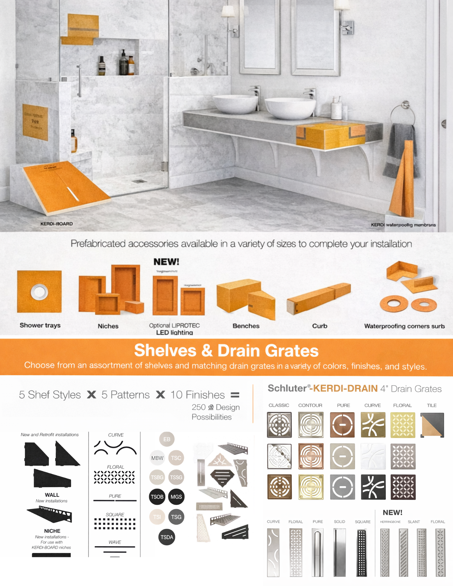 A catalog showing Schluter shower waterproofing systems, shelves, and various drain grate designs, styles, and finishes.