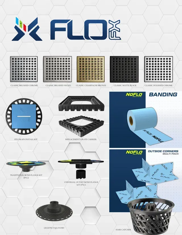Product catalog for FLO FX floor drains, showcasing various grate finishes, drainage components, and waterproof banding.