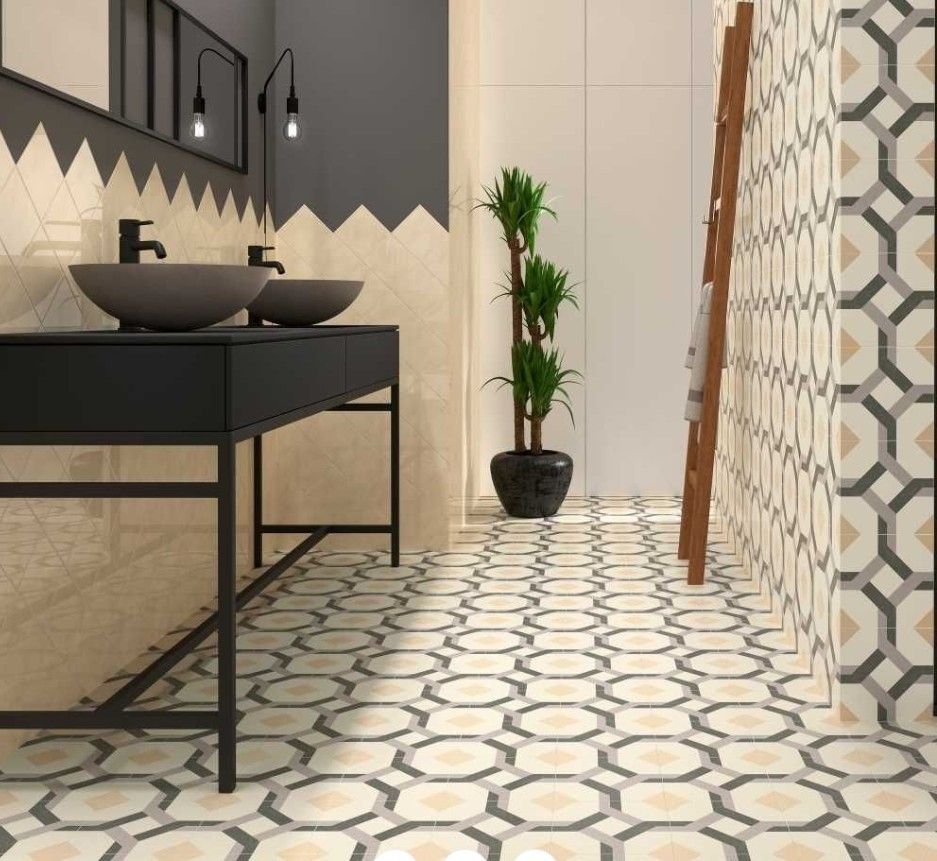 A bathroom with two sinks and a plant on the floor