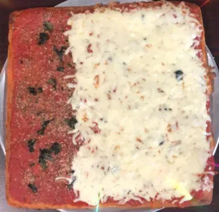 Square pizza, half red sauce with herbs, half cheese covered.