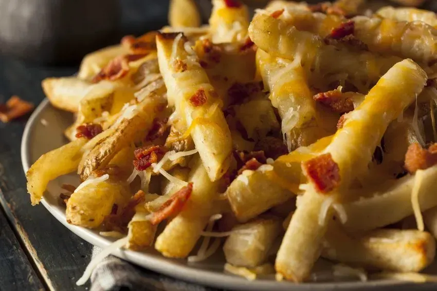 French fries with melted cheese and bacon on a plate.