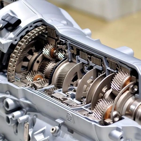 Cutaway view of an automotive transmission, showcasing gears, chains, and internal components.