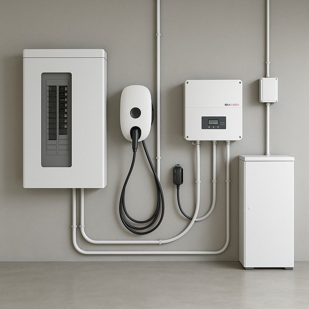  EV charger, smart panel, and solar inverter in modern home garage setup.