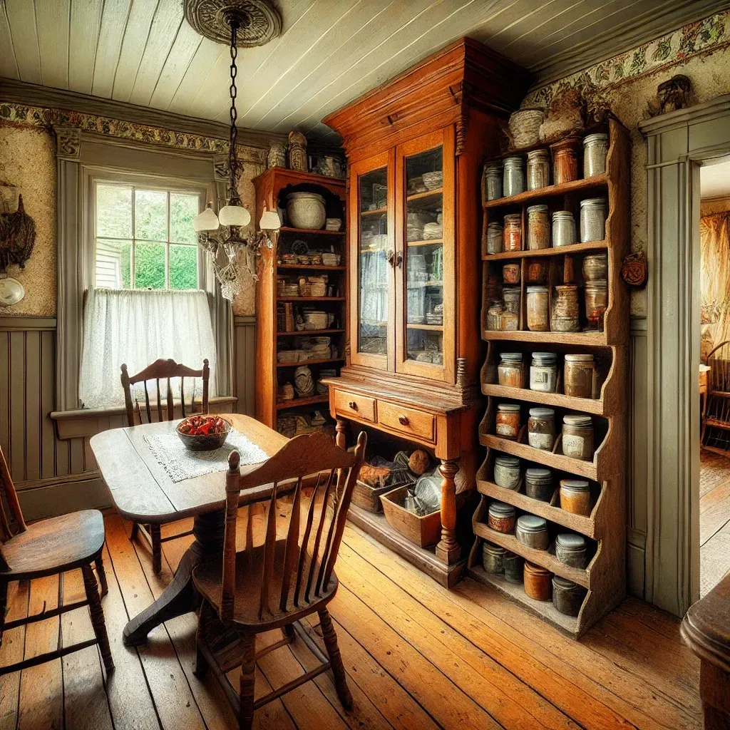 Vintage dining room with wooden furniture and a small pantry with old-style shelves.
