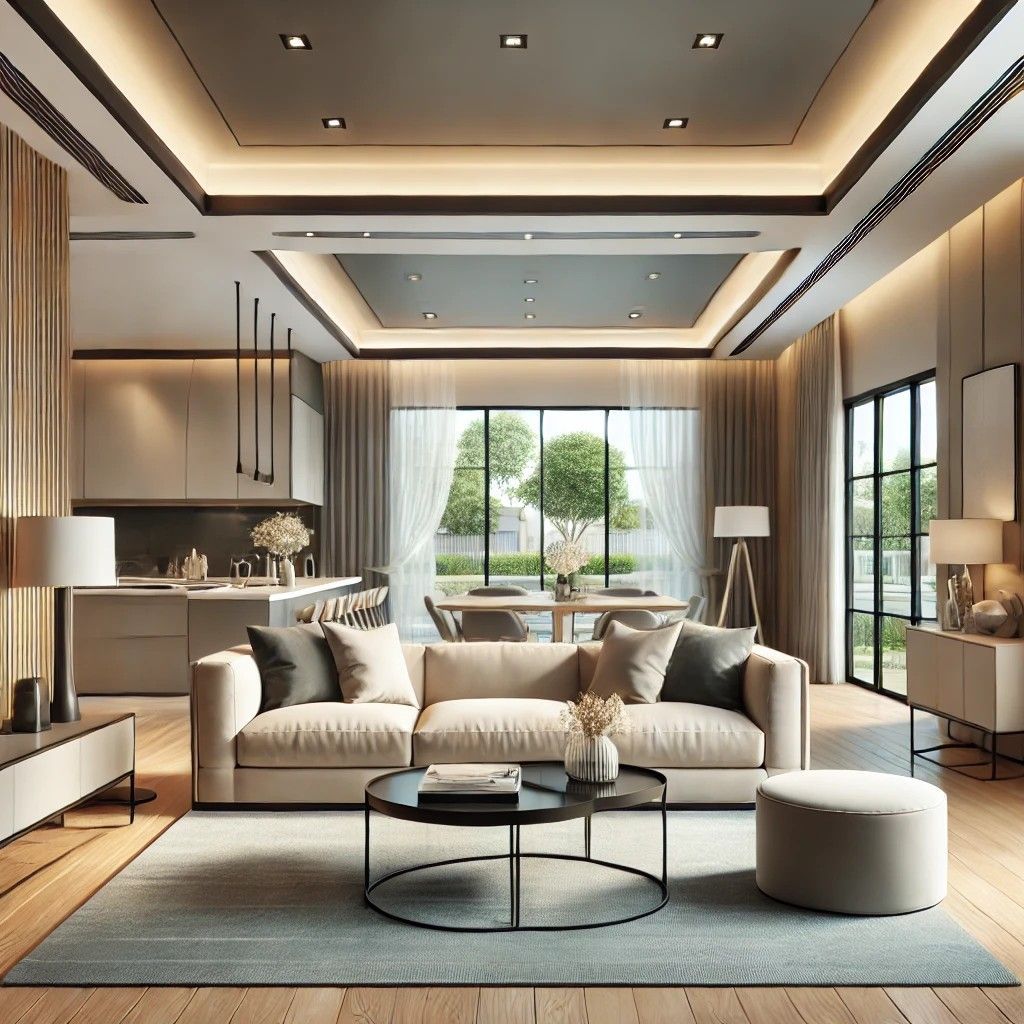 Modern suburban living room with natural light, stylish furniture, and neutral-toned decor.