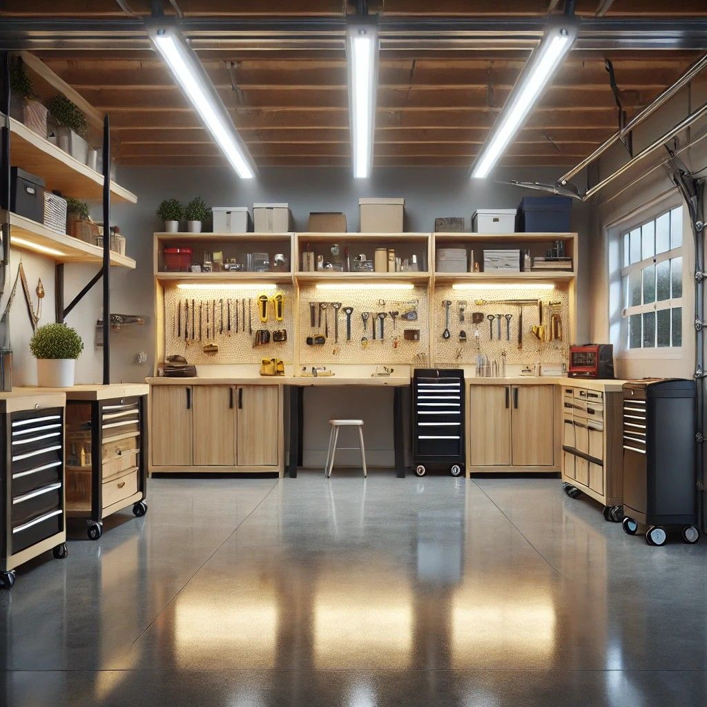 Modern, well-kept suburban garage with bright shop lights, tool cabinets, and organized storage.
