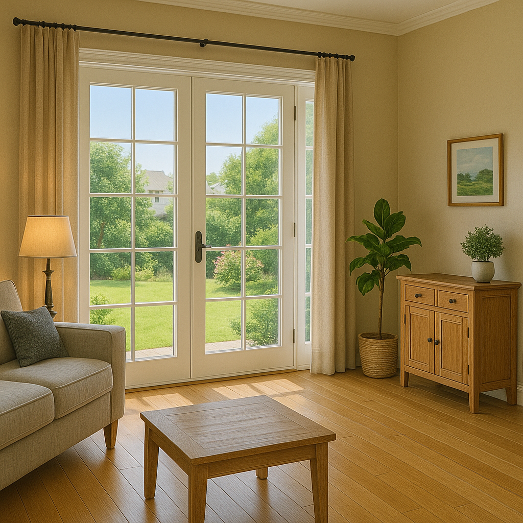Sunlit living room with French doors, sofa, lamp, coffee table, cabinet, and power outlet.
