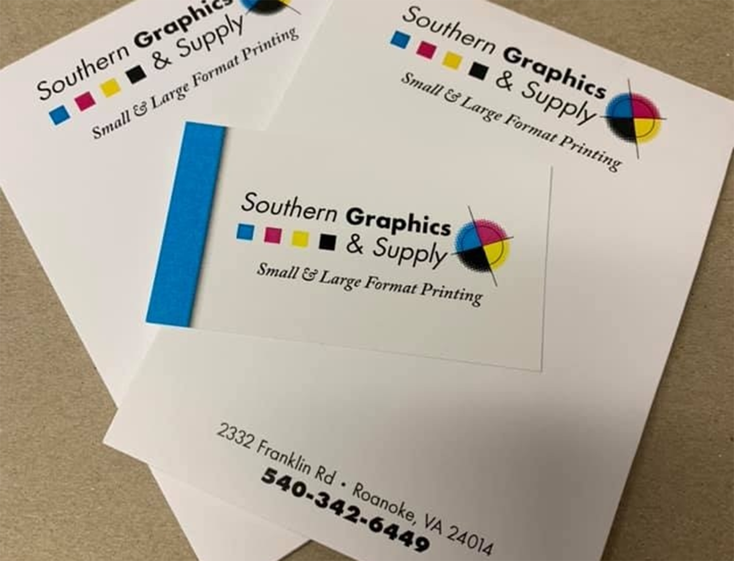 Business cards and stationery for Southern Graphics & Supply, featuring their logo and Roanoke, VA contact information.