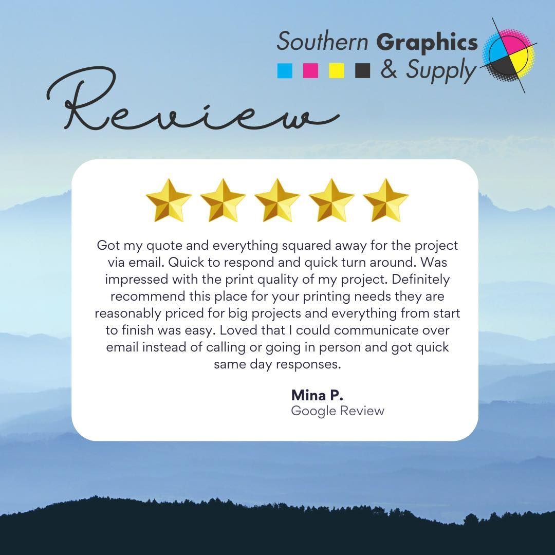 A 5-star Google review for Southern Graphics & Supply praising their quick email communication and print quality.