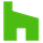 Green stylized building with a chimney and an open doorway.