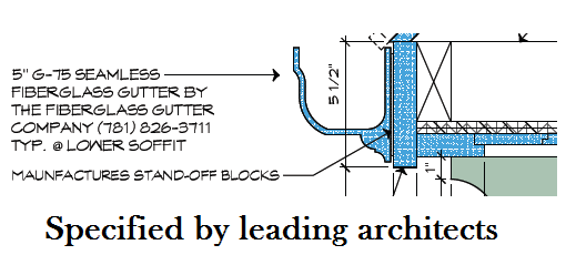Architectural diagram of a fiberglass gutter with dimensions, labeled with company information.