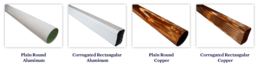 Four different types of rain gutters made of aluminum and copper. They are: Plain round, corrugated rectangular.