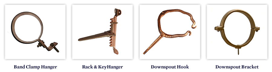 Four metal objects: a clamp hanger, rack & key hanger, downspout hook, and downspout bracket.