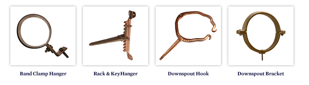 Four bronze-colored metal hardware pieces: a pipe hanger, a rack & key hanger, a horseshoe-shaped hook, and a ring bracket.