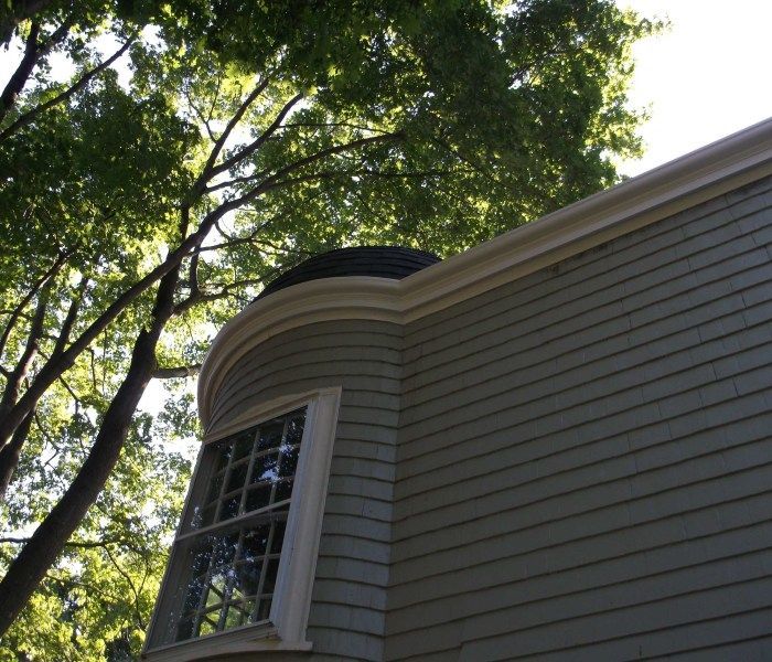 Green clapboard siding, curved window, white trim, and a dark roof line.