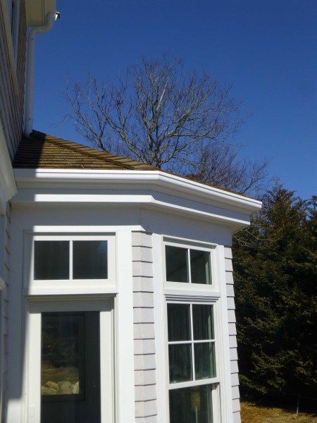 White trim and windows on a corner of a house, brown roof, blue sky, tree in the background.