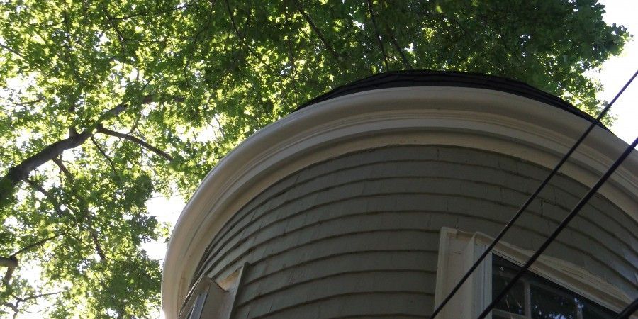 Curved building with gray siding, white trim, and a black roof. Green tree canopy above.