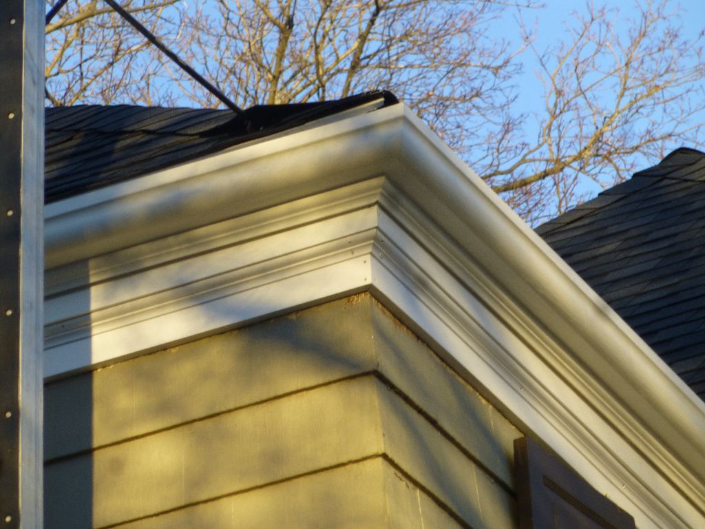 Corner of a house with light-colored trim and guttering, dark roof, and light-green siding against a blue sky.