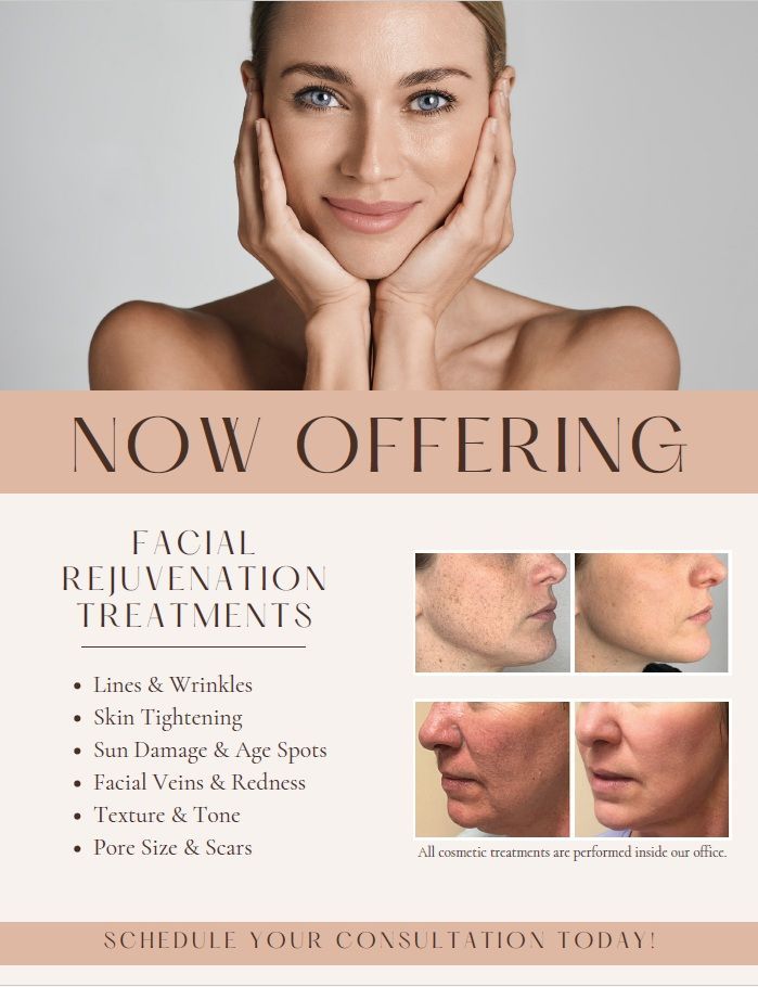 Flyer for facial rejuvenation treatments. A woman holds her face, with before/after images.